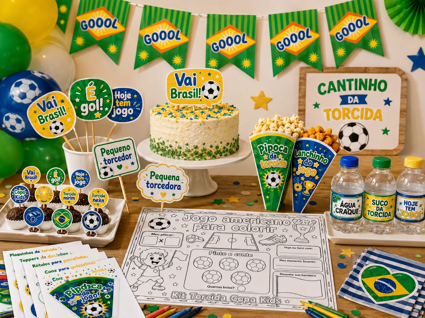 Kit Torcida Hexa Kids — bandeirinhas, plaquinhas, toppers, cones e rótulos para festa